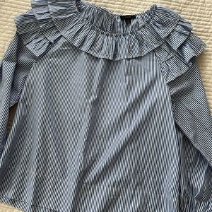 J Crew Blue & White Pinstripe Ruffled Blouse